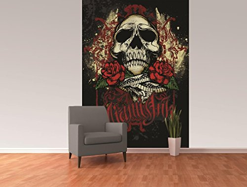 1Wall Miami Ink Tattoo Skull Feature Wallpaper Mural, Wood, Black, 1.58 x 2.32 m