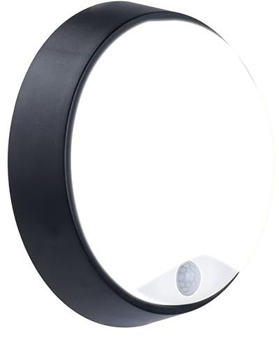 Luceco Eco Outdoor LED Bulkhead Light with PIR Motion Sensor, Decorative Exterior Lighting, Round, Black, IP54, 10W, 700lm, 4000K, EBER10P40