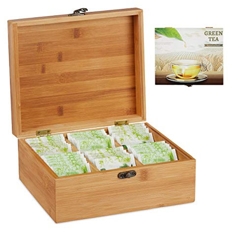 Relaxdays Caja para té e infusiones, Seis Compartimentos, para 72 Bolsas, con Tapa, 9,5 x 22 x 18,5 cm, Marrón, Bambú, 9.5 x 22 x 18.5 cm