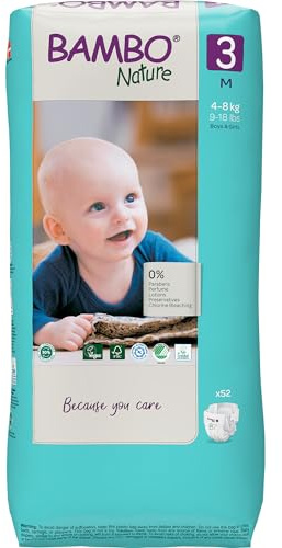 Bambo Nature Hypoallergenic Baby Diapers, Eco-Labeled Diapers, Enhanced Leakage Protection, Totally Chlorine-Free, Skin Friendly, and Super Absorbent - Size 3 (52 Count)