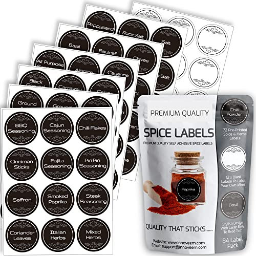 Spice Labels Stickers for Jars - 84 Spice Jar Labels Pre Printed, 38mm Round Herb Rack Stickers for Small Jars, Premium Waterproof Seansoning Tags for Kitchen Organisation by Innoveem