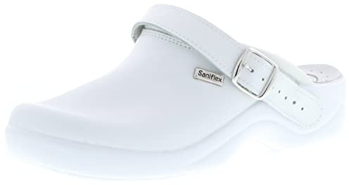 Saniflex 643-10 Médico Certificado Sandalias Zuecos Mules Zapatillas Zapatos de Cuero, Mujer, Blanco, EU 36