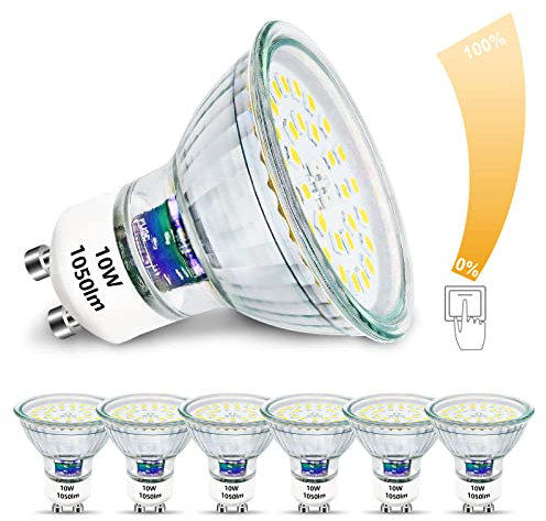 Unikcst Bombillas LED GU10 10W Regulables Reemplaza las bombillas halógenas 100W Brillantes 1050LM 6000K Blanco Frío Foco LED 230V Sin Parpadeo Bombillas Reflectoras, 6 piezas