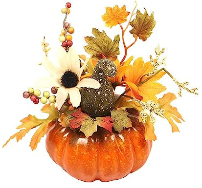 ENLACE Kürbis Deko, Künstliche Kürbis-Dekorationen, mit Sonne Blume und Grün Gebogene Melone, Kürbis Tischdekoration für Halloween Thanksgiving Erntedankfest Herbst Dekoration