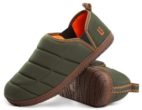 LongBay Men's Memory Foam Slippers with Warm Coral-Fleece Lining Non-Slip Indoor Outdoor House Shoes Green, 9