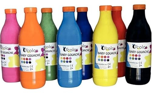 Lot de 8 flacons de 1L de gouache baby O'COLOR ASSORTIS