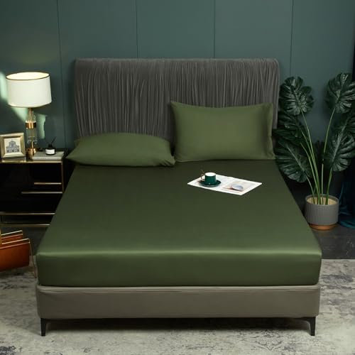 Luofanfei Bambus Lyocell Spannbettlaken 180x200cm Grün Olivgrün Boxspringbett Frottee Topper Glänzend Bambusfaser Bettlaken Spannbetttuch 180 x 200Uni Spannbetttücher für Hohe Matratze bis 25-30 cm