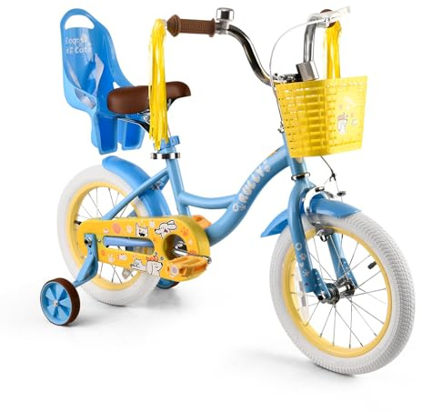 RULLY 14 Inch Girls Bike with Training Wheels, Blue Kids Bicycle with Basket & Doll Seat for 3 4 5 Years Old Toddlers, Children's Bicycle for Beginners