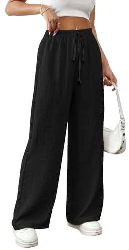 Risipu Women Linen Trousers Summer Wide Leg Trousers High Waisted Breathable Palazzo Casual Cotton Pants with Side Pocket (L, Black)