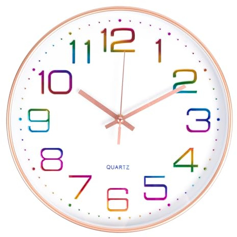 CIMOYBAI 30cm Reloj de Pared, Moderno Reloj Cocina Pared Fácil de Leer, números 3D de Colores, silencioso, para Oficina, habitación, salón, Cocina, Colegio, habitación Infantil (Oro Rosa-L)