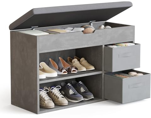 Mondeer Banc à Chaussures, Banc de Rangement avec 2 tiroirs en Tissu et 3 Compartiments, pour Entrée Salon Chambre, 80 x 48 x 30 cm,Gris