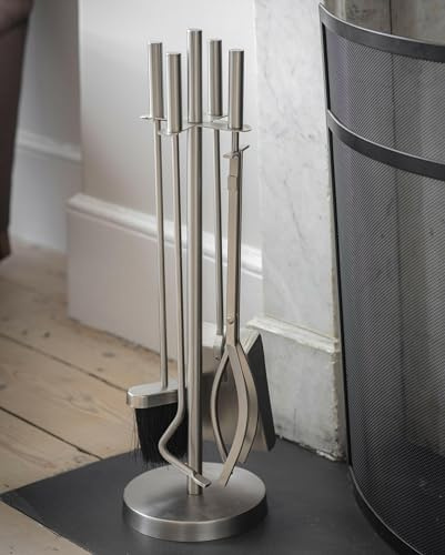 CKB LTD Fireside Tool Set – 4 Piece Silver Coloured Fireplace Companion Set with Brush, Shovel, Poker & Tongs – Powder Coated Steel Fireplace Accessories (Silver)