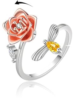 VYYU Fidget Rings for Anxiety Women Men - Anxiety Ring Relief Stress Open Size with Dainty Rose Flower & Bee for Teens Girls | Calms Reliever Spinner Stress Relief Gifts for Wife Girlfriend Friends