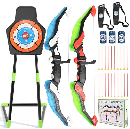 Niest 2-teiliges Pfeil-und-Bogen-Set für Kinder mit LED-Leuchten, Bogenschießset mit 10 Pfeilen mit Saugnäpfen, Pfeiltasche und vertikaler Zielscheibe für Jungen und Mädchen im Alter von 3 bis 12 Jahr