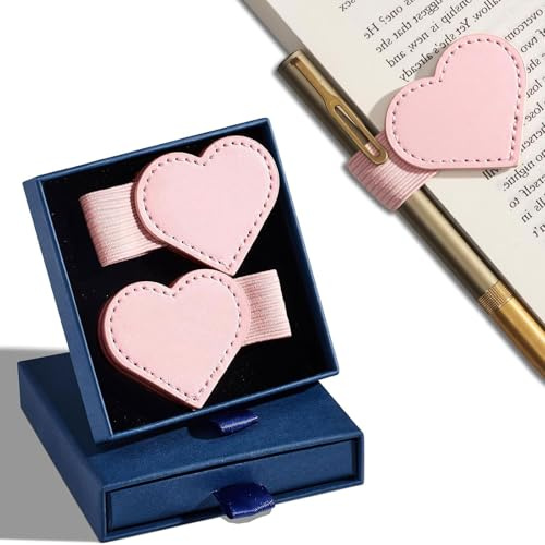 Cesujowaz Ensemble de signets magnétiques, 2pcs signets en cuir en forme de cœur avec porte-stylo, boîte cadeau pour les amateurs de lecture, femmes et filles, Rose