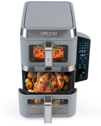Salter VersaLayer Air Fryer – 12 Cooking Presets, 9L Cap., 2400W, Easy-Viewing Windows, Sync & Match, Digital LED Display, 60 min Timer, Dishwasher-Safe Accessories, Non-Stick Trays, PFAS-Free, Grey