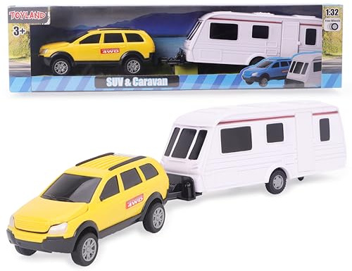Toyland® Gul bil med avtagbar husvagnsuppsättning - 1:32 Skalbar frihjuls-SUV och släpvagn samlarleksaksfordon för barn - Ålder 3+