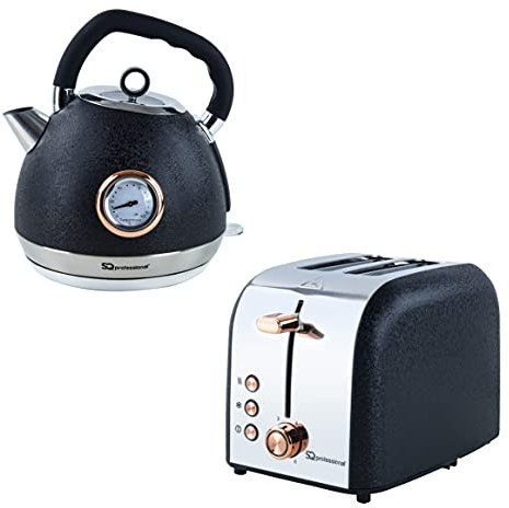SQ Professional Epoque Breakfast Set 2pc Kettle with Rose Gold Accents & Temperature Display 2200W - 2 Slice Toaster with Rose Gold Accents, High-Lift, Wide Slots & 6 Browning levels 900W (Black)