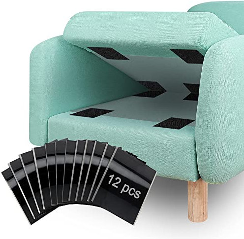 Couch Cushion Anti-Slip Pads - Set of 12 Hook and Loop Pads with Adhesive Backing to Prevent Couch Cushions from Slipping, Suitable for Couches, Sofas, and Mattresses (4x 6/10cm x 15cm, Black)