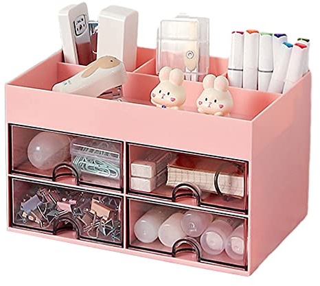 Desk Organiser, Cute Makeup Storage Box with 4 Drawers and 4 Compartments, Desk Tidy Organiser Pen Holder for Home Office and School(Pink)