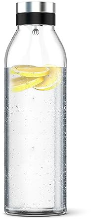 Emsa Flow Bottle N4160600 Carafe en verre/acier inoxydable avec couvercle à ouverture automatique et bec verseur anti-goutte Compatible avec toutes les portes de réfrigérateur standard 1,3 l