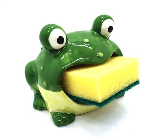 MONMOB Green Kitchen Decor Cute Ceramic Frog Sponge Holder for Kitchen Sink Ceramic Frog Soap Holder 4.7” Home Decor Fun Novelty Gift