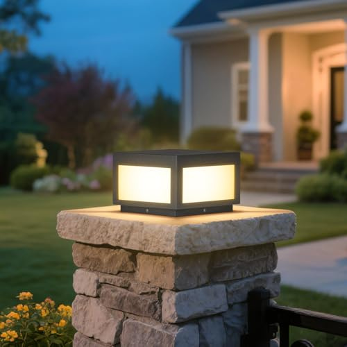 VZVI Outdoor Post Lights Hard Wired, 9.8'' AC100-240V Pillar Light Outdoor Waterproof, Fence Column Light Fixture Dusk to Dawn, Modern 3000K LED Deck Post Cap Lamp Electric Lighting for Garden Posts
