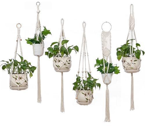 Oenothera 6 Stücke Makramee Blumenampel, Baumwollseil Hängeampel Hängetopf, Blumentopf Hängend für Balkon Fenster Deko Innen Außen Decken
