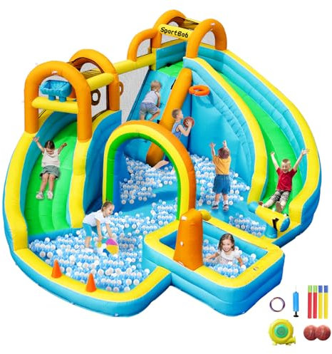 SportBob Gonfiabile per Bambini, Casa Rimbalzante con 2 Scivoli per Bambini, Parco Gonfiabile con Piscina, Area per il Tiro con Palline e Cannone d'Acqua per Giardino, Esterno e Interno