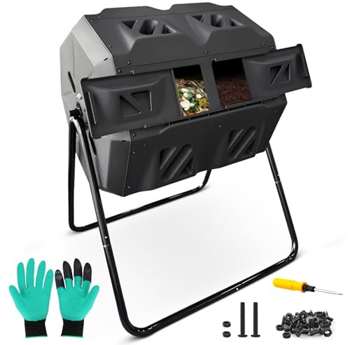 BIOGRN Compost Bin, 43 Gallon Dual Chamber Composter Tumbler Outdoor with 2 Sliding Door and Aeration System, BPA-Free Large Rotating Composting Bin for Garden, Kitchen, and Yard Waste, Black