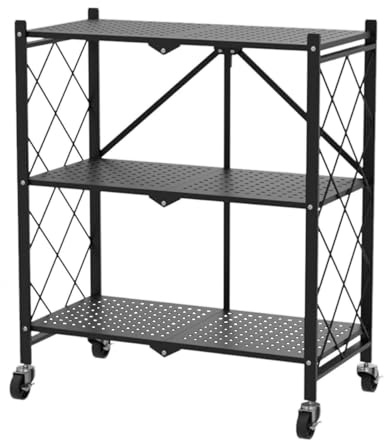 3 Etagen Klappregal Schwerlastregal, 71.5 x 36.5 x 87cm, Klappbares Regal mit Rollen, Haushaltsregal Standregal Faltbare Aufbewahrungswagen, Klappregal für die Küche, Büro, Repository (Schwarz）
