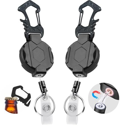 Porte Clé Rétractable, 2pcs Mousqueton Robuste avec Fermeture Magnétique & Mousqueton Multifonction Tactique Enrouleur d’Identifiant pour Homme avec Câble Acier Rétractable de 80 cm