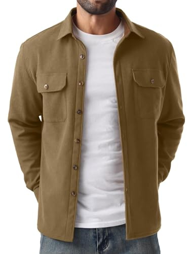 QIXING Chemise en polaire pour homme à manches longues avec col boutonné - Chemise décontractée - Coupe droite - Veste chemise - Automne et hiver - Manteau avec poches à rabat, marron clair, M