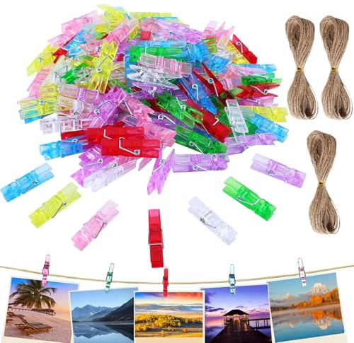200 Piezas Minipinzas Transparentes para La Ropa,Pinzas Pequeñas De Plástico,Pinzas pequeñas para Colgar Fotos,Cuerda De Cáñamo De 1,5 Mm*10 M Gratis,3 Rollos