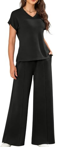 SHEKINI Survetement Femme Manches Courtes Ensemble de Survêtement Deux Pièces Été Chic et Elegant et Col V Jambe Larga Pantalon de Sport Décontracté avec Poches
