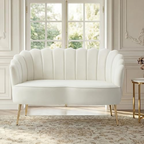 The support you need Velvet Upholstered Loveseat Sofa with Gold Metal Legs, Modern Comfy Small Love Seat with Flower Shaped Back, 2-Seater Sofa Accent Couch for Living Bedroom Leisure Areas