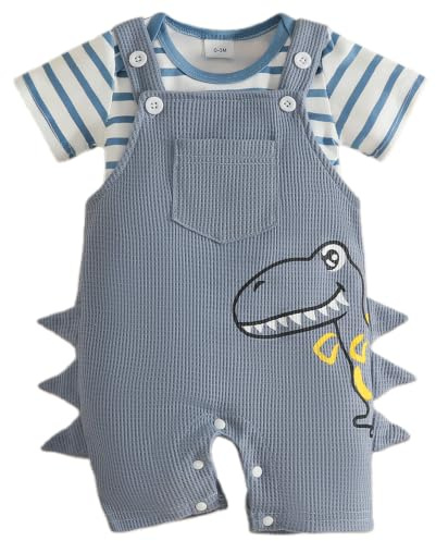 Eqenkely Baby Boy Clothes Newborn Striped Romper T-Shirt with Dinosaur Suspender Overall Shorts Set Summer Outfits 0-24 Months