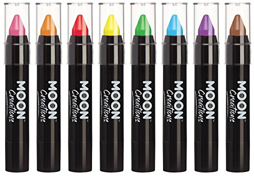 Moon Creations Face Paint Stick Body Crayons | Set of 8 | 3.2g | Sweat Proof & Water-Resistant Face Paint | Cruelty Free, Made in UK | For Kids, Adults, Fancy Dress, Festivals, Halloween