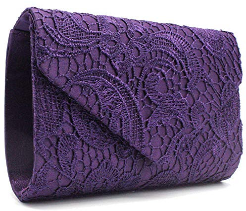 Pochette da donna in pizzo, pochette da donna in pizzo floreale, pochette in pizzo satinato, eleganti borse per feste e occasioni di matrimonio, Viola, Borsa Messenger