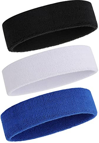 ONUPGO Schweißband Stirnband Männer & Frauen - 3 STÜCKE Sport Stirnbänder Feuchtigkeitstransport Athletisch Baumwollfrottee Schweißband Schweißabsorbierendes Stirnband 3 Black/White/Blue