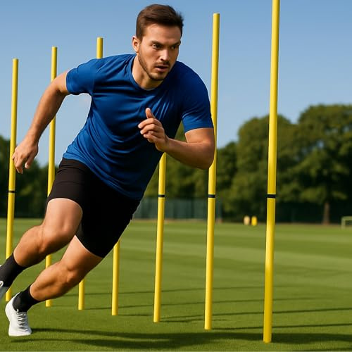 Fitness Health RAPID Speed Slalom Poles – Set of Training Poles with Ground Spikes & Easy Store and Carry | Adjustable Height Agility Poles for Football, Rugby, Field & Agility Training