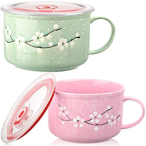 SEEWEY 2 Pcs Floral Ceramic Bowl with Lid and Handle Heat Preservation Instant Noodles Mug Oatmeal Container Microwavable Bowls with Lids Soup Cup for Ramen Noodle Cereal Travel
