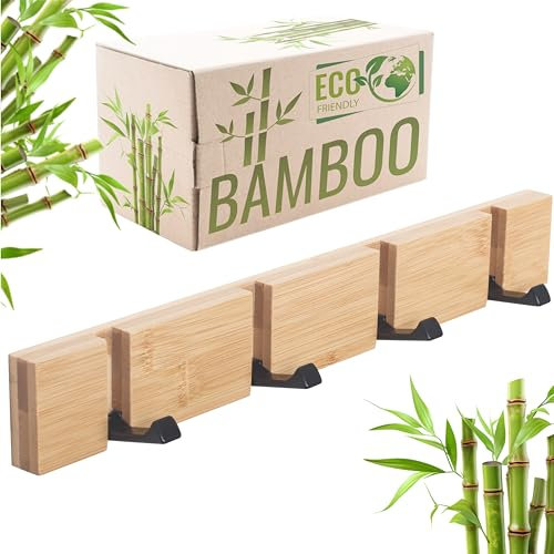 RICOO Garderobenleiste Wandgarderobe 4 Haken ausklappbar MH023M-N Garderobe Wand Jackenhalter aus Bambus und Stahl Hakenleiste Kleiderhaken klappbar Holz Garderobenhaken Naturfarbe