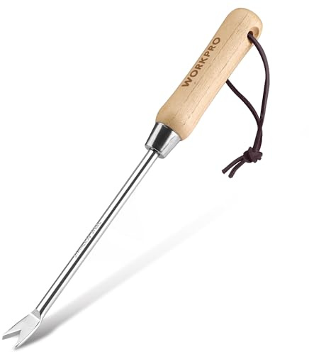 WORKPRO Dandelion Weeder Puller Tool with Wood Handle, Polished Stainless Steel Garden Weed Remover Tool, Two-Pronged Fork Weeder Tool for Lawn Farmland Transplant Gardening Plant Tool