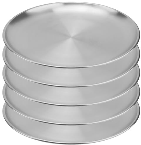 MOUYAT 5 st 20 cm platta i rostfritt stål, runda serveringsfat, okrossbara middagstallrikar i metall för camping, grill, picknick och utomhusbruk, silver