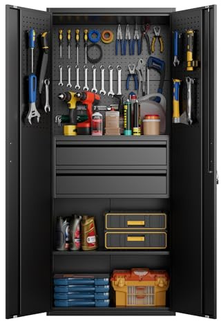Aobabo Metal Storage Cabinet with 5 Pegboards and 2 Drawer,180 * 76 * 38CM Lockable Steel Tool Cabinet for Garage,Warehouse,Assembly Required,Black