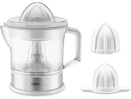 Ufesa Zing Exprimidor Eléctrico de 40W, 0.7L de Capacidad, Cuerpo de Acero Inoxidable, 2 Conos y Filtro Ajustable, Giro Bidireccional, Encendido Automático, Piezas Desmontables y Libre de BPA