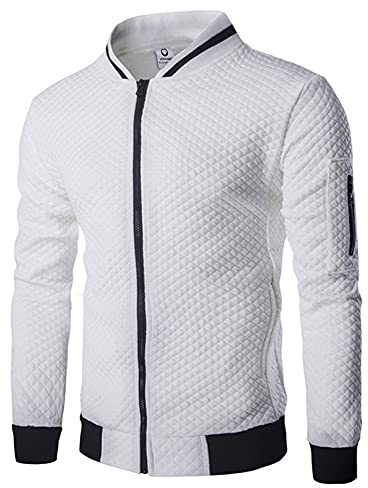 Veravant Sweat-Shirt Homme Manches Longues Pull Uni Zippé Bomber Blouson Veste Sport - Blanc - Large