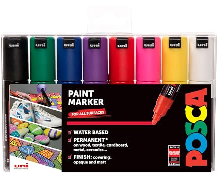POSCA PC-7M Broad Bullet Acrylic Paint Marker Pens, 8 Standard Colours, For All Surfaces (Pack of 8 Pens)