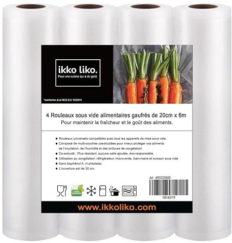 Rouleaux sous vide alimentaire gaufré de 20 cm x 6 m (x4) Qualité Professionnelle de film alimentaire sous vide I Sac de Conservation Congélation Cuisson sous vide Mise sous vide de Poche, Sachet, BPA